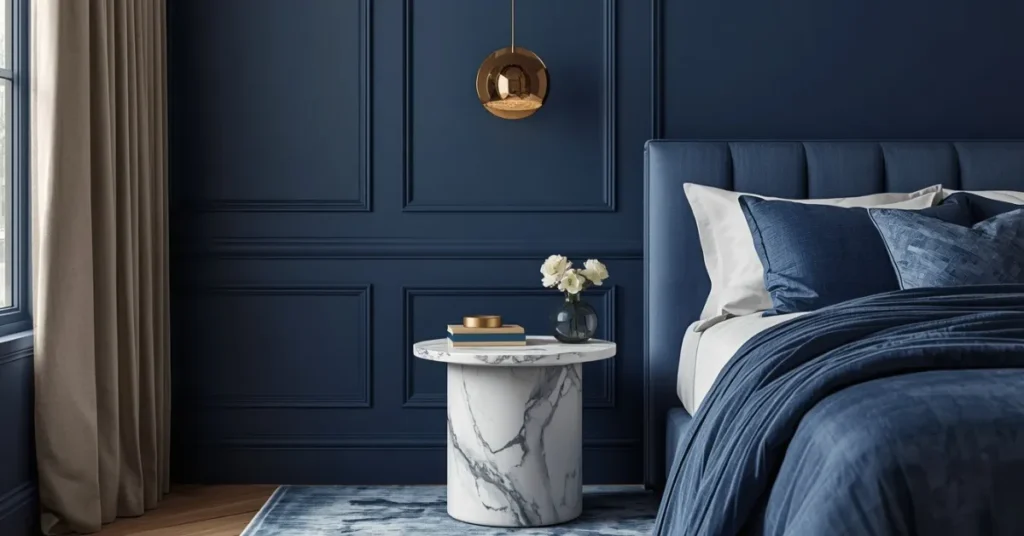 Navy Blue Bedroom with Marble Accents