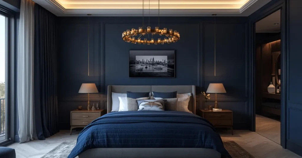 Navy Blue Bedroom with Statement Lighting