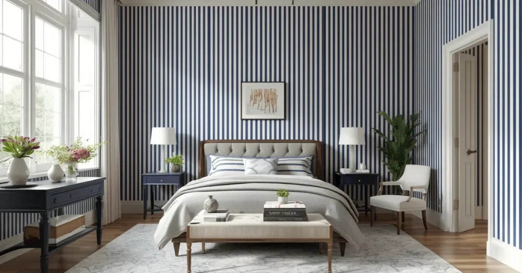 Navy Blue Bedroom with Striped Wallpaper