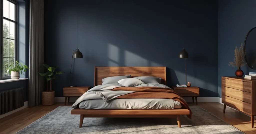 Navy Blue Bedroom with Wood Accents
