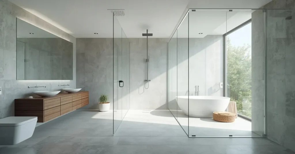 Open Plan Bathroom With Glass Shower Walls