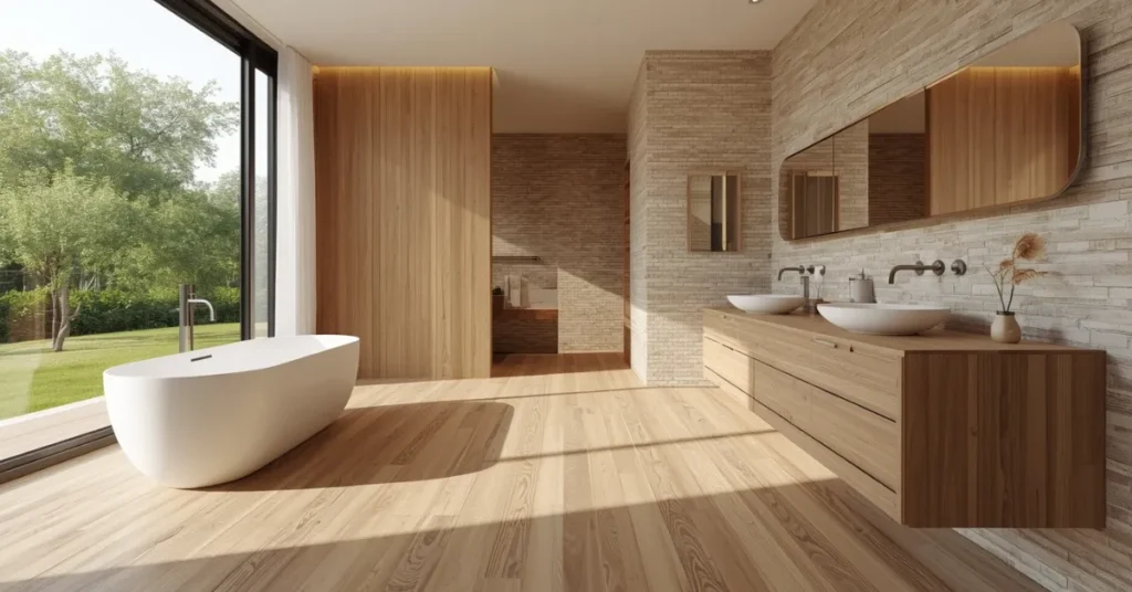 Open-Plan Bathroom with Wood-Look Tile