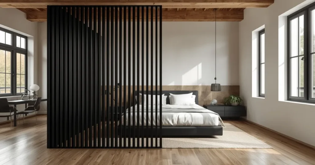Open-Plan Bedroom with a Black Divider