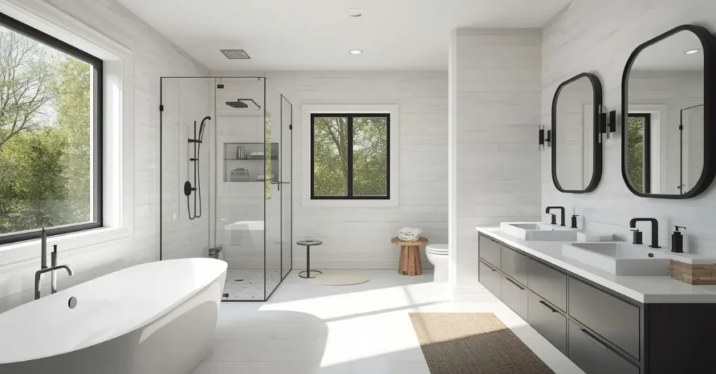 Open Plan Black and White Bathroom