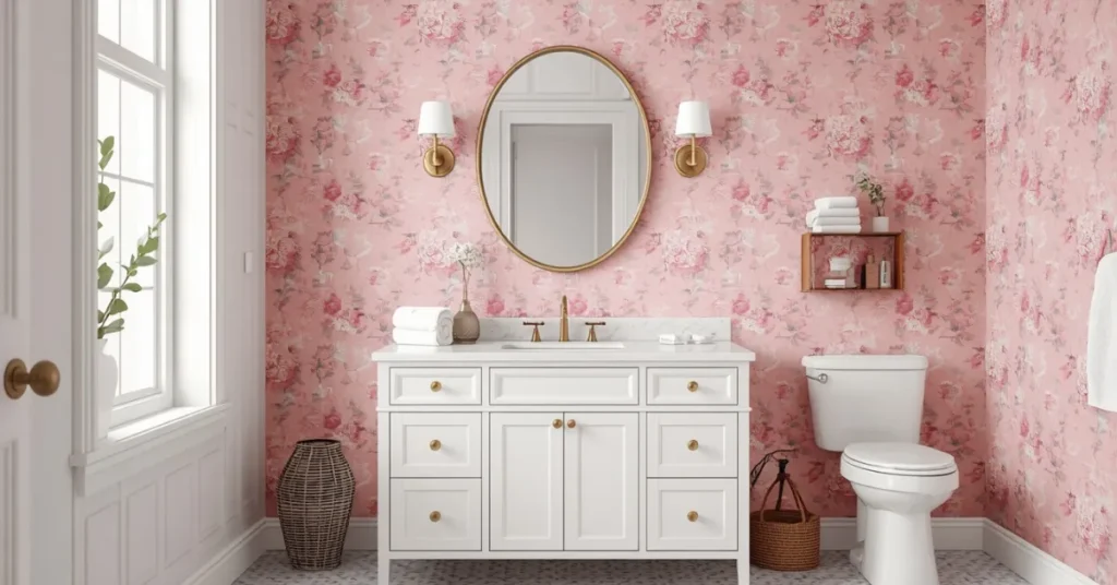 Pink Bathroom Wallpaper Accent Wall