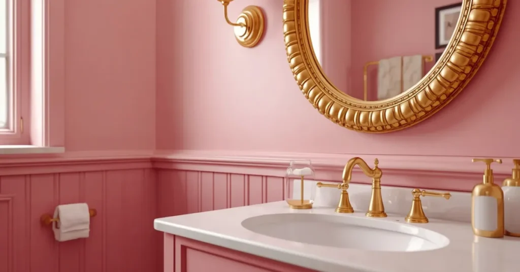 Pink Bathroom with Gold Accents