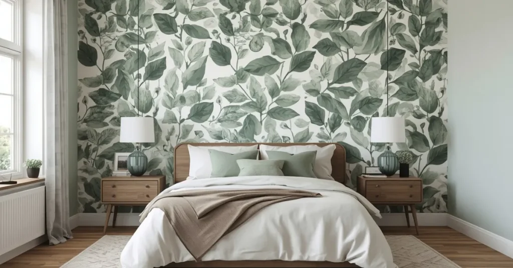 Sage Green Wallpaper with Botanical Print