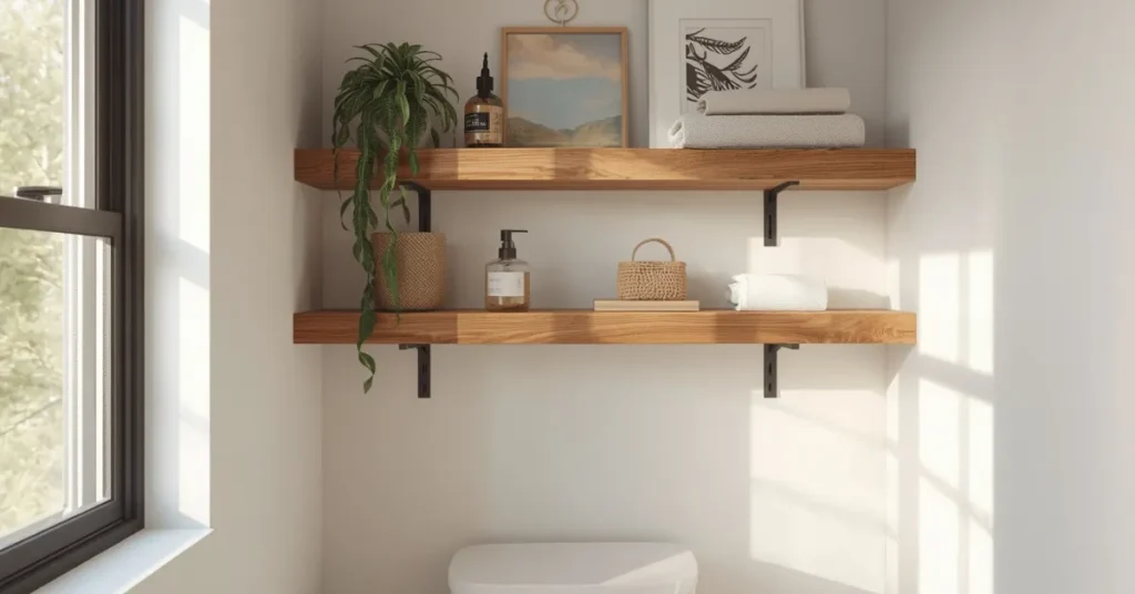 Small Boho Bathroom with Floating Shelves