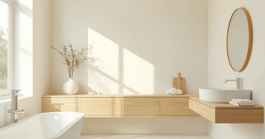 Try a Warm White Bathroom with Wood Accents