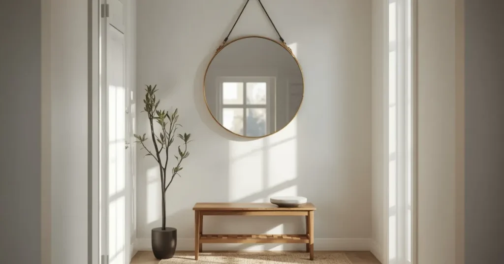 A Round Mirror Above a Bench