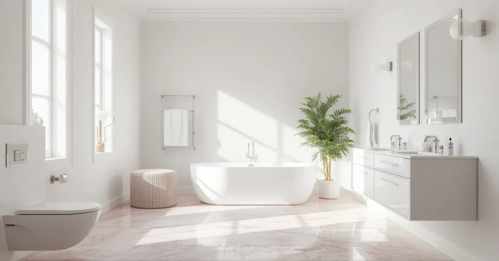 Airy All-White Bathroom with Pink Marble Floor