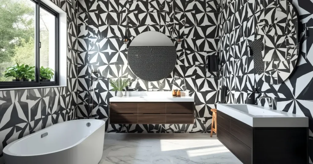 Bold Geometric Wallpaper for a Modern Bathroom