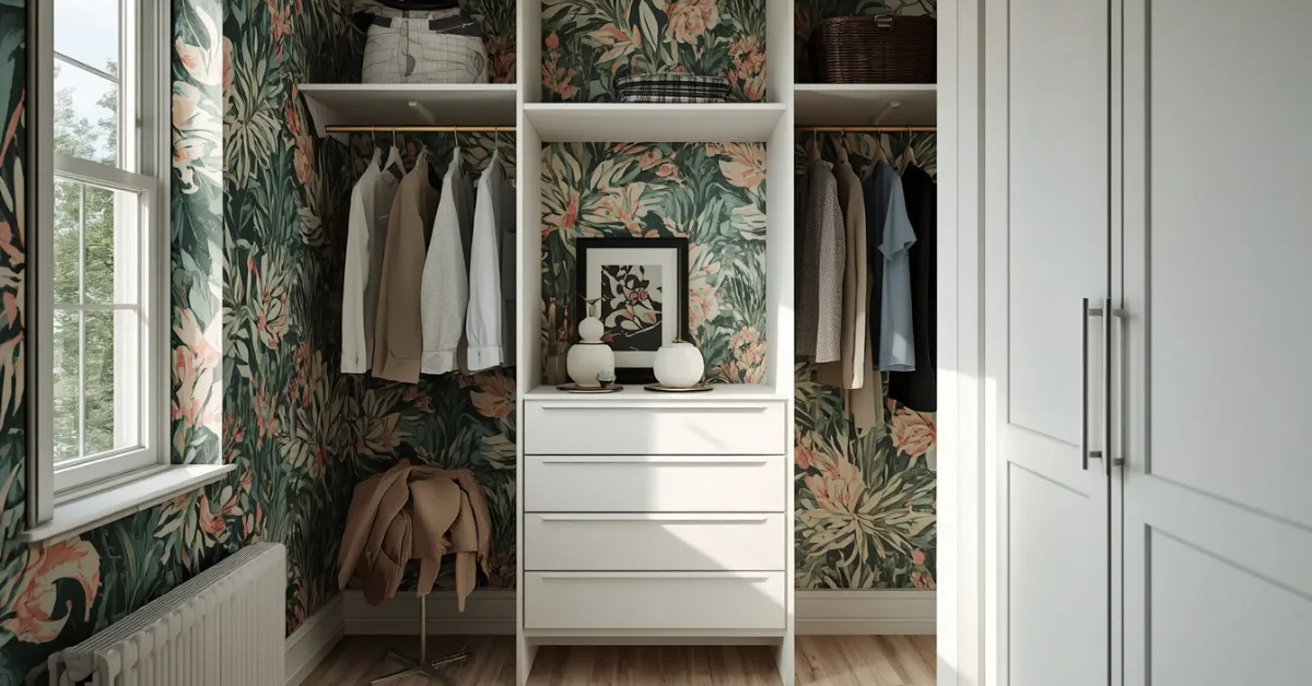 Bold Wallpapered Closet Interior