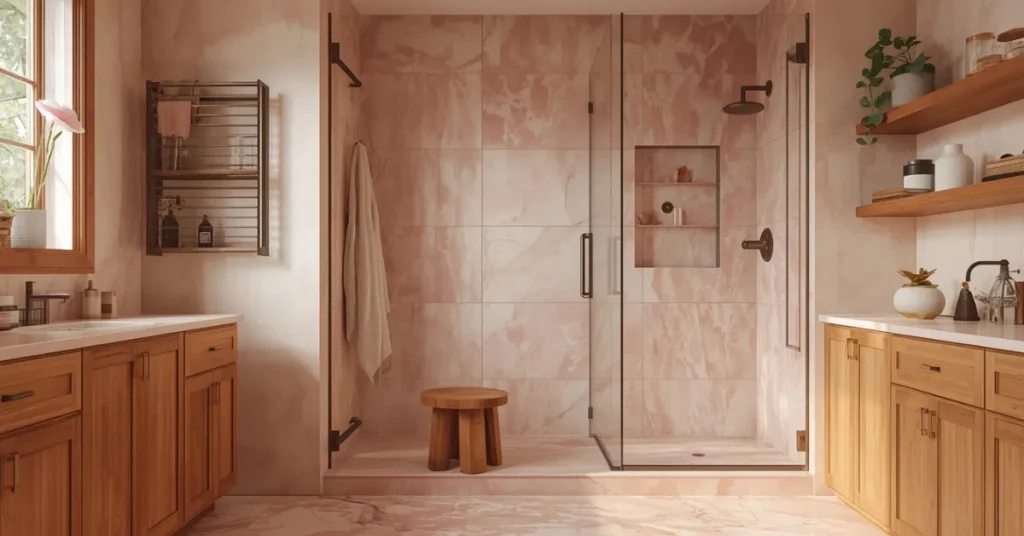 Cozy Pink Marble Bathroom with Wood