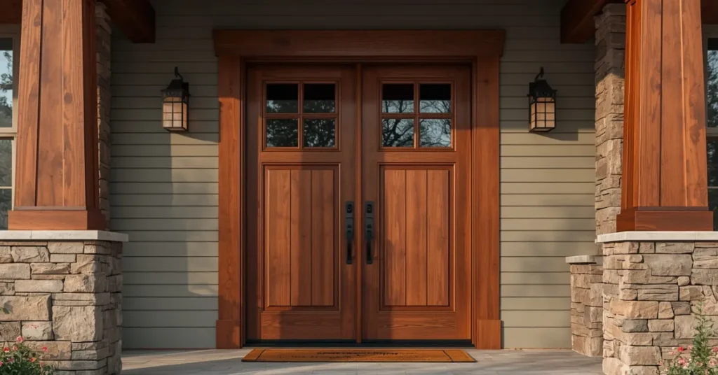 Craftsman Style Double Doors with Wood Trim