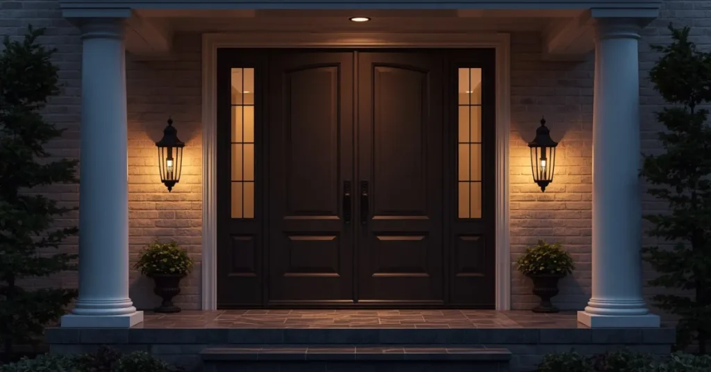 Double Door Entryway Ideas with Symmetrical Lanterns
