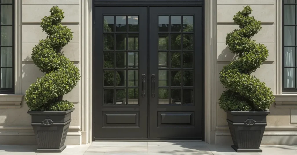Double Doors Flanked by Matching Topiaries