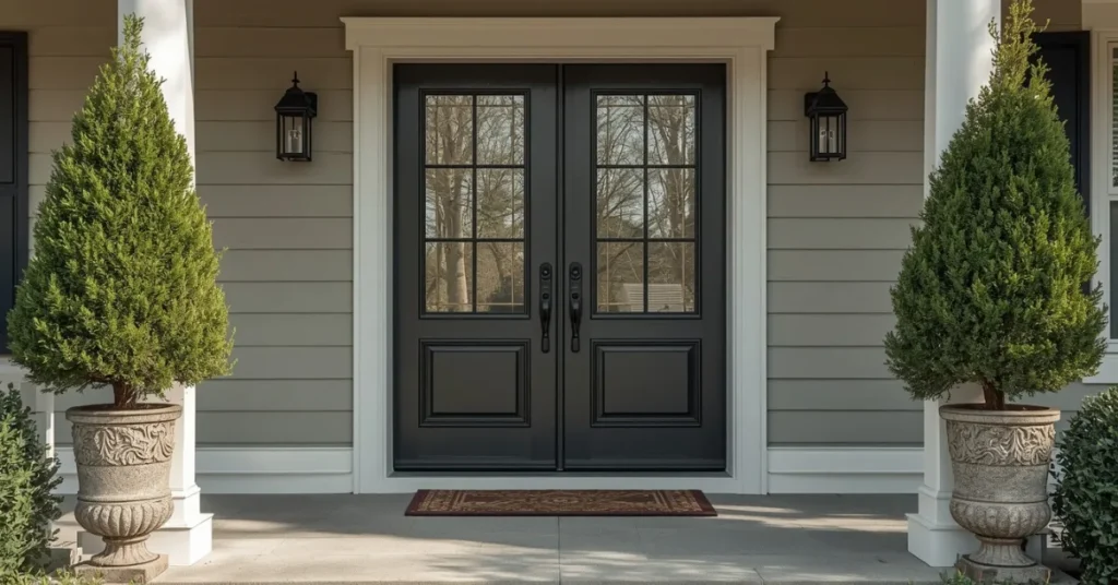 Double Doors Framed by Tall Potted Plants