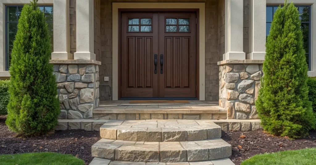 Double Doors Paired with a Stone Pathway