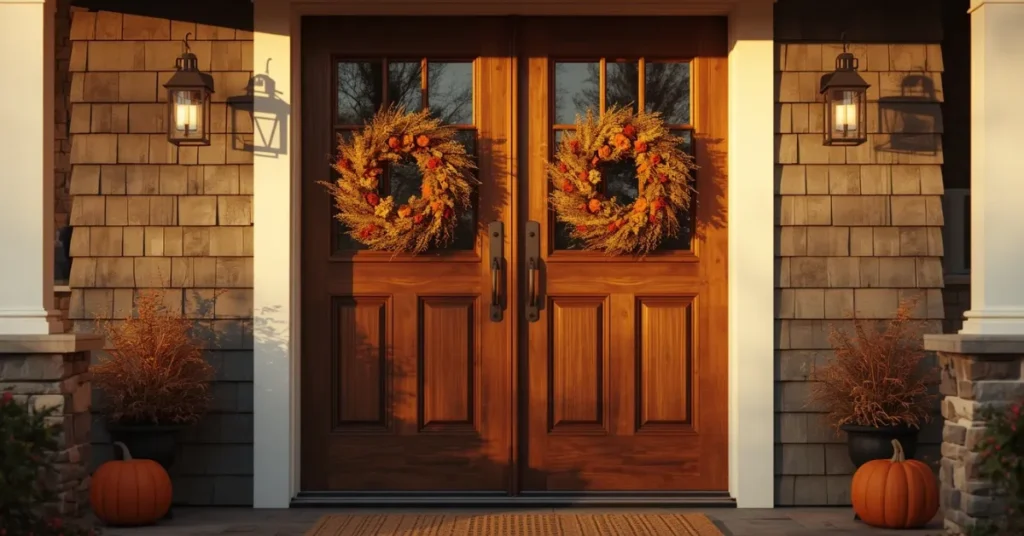 Double Doors with a Statement Wreath and Seasonal Decor