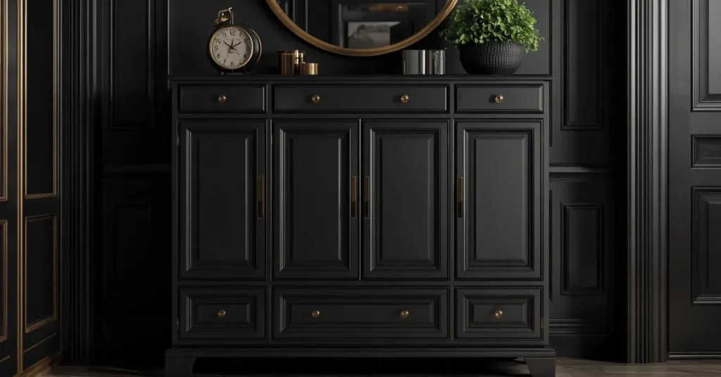 Dramatic Black and Gold Shoe Cabinet for a Statement Entryway