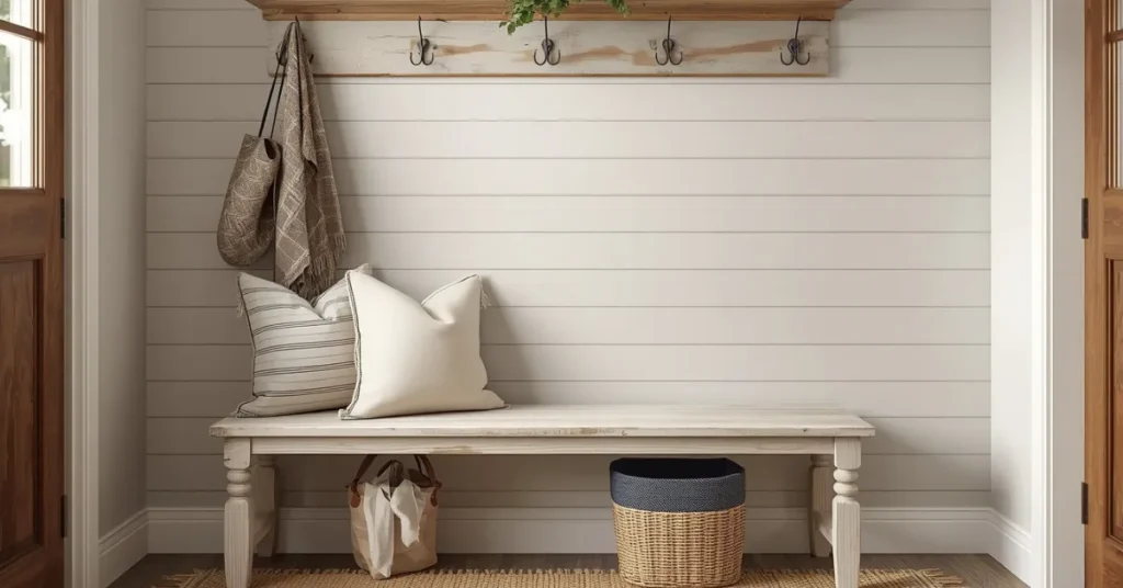 Farmhouse Entryway with a Rustic Bench
