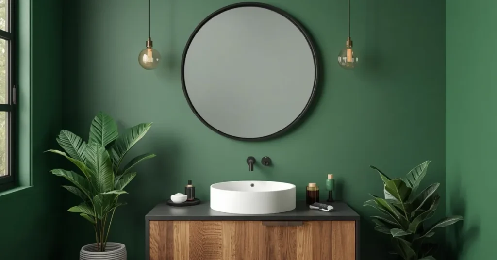 Green Bathroom Ideas With a Statement Mirror