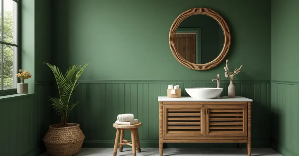 Green Bathroom With Rattan Accents