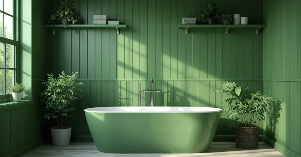 Green Open Shelving for Towels and Plants