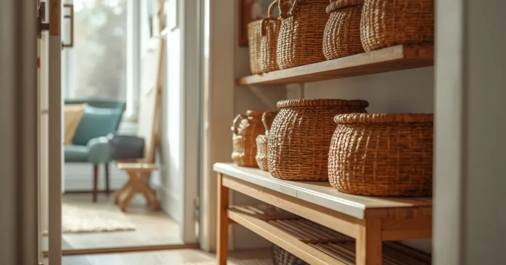 Narrow Entryway Ideas with Baskets for Hidden Storage