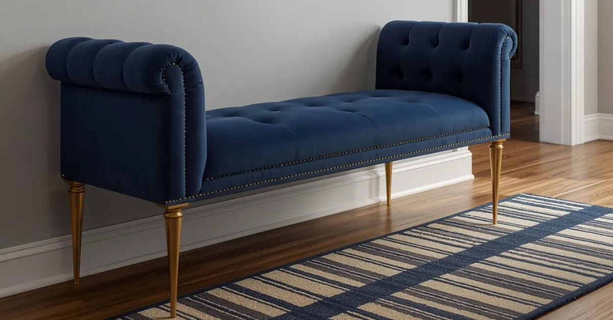 Navy Blue Bench with Brass Accents
