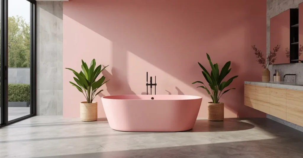 Open Plan Bathroom with a Pink Centerpiece
