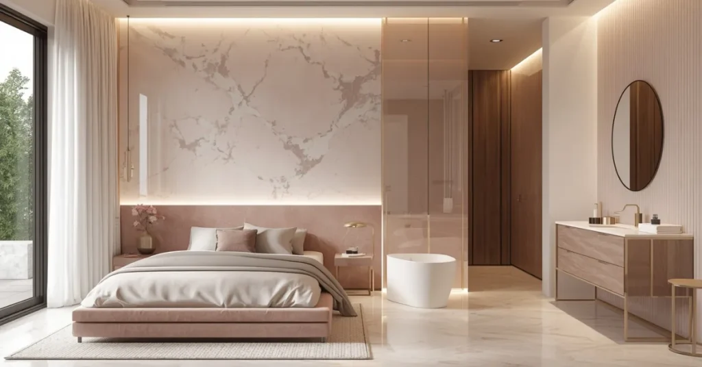 Open-Plan Pink Marble Ensuite