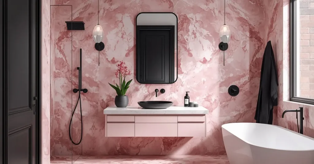 Pink Marble Bathroom with Black Accents