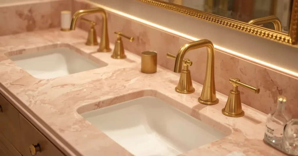 Pink Marble Bathroom with Gold Fixtures
