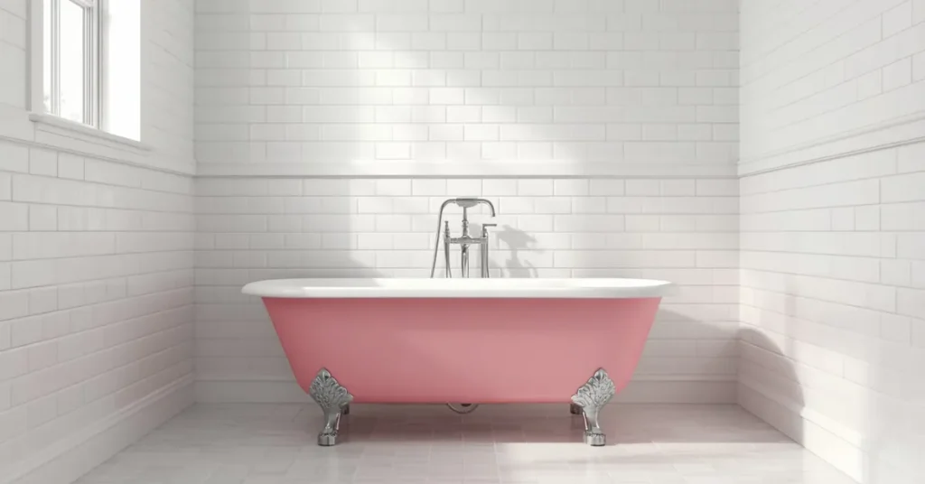 Pink Tub in an All-White Bathroom