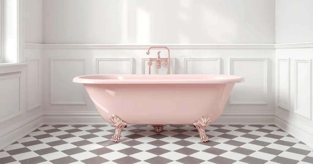 Pink Tub with Patterned Tile Floor