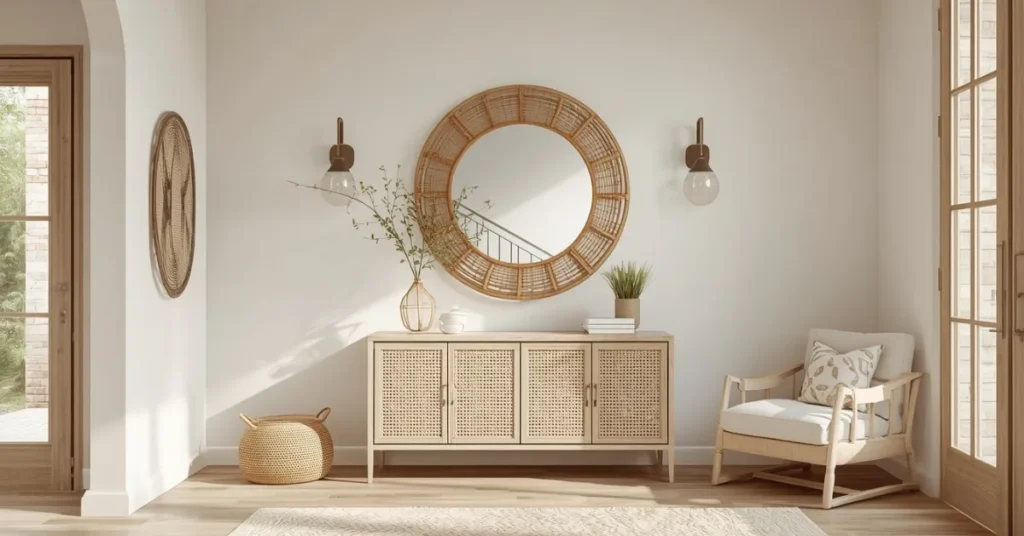 Rattan and Natural Fiber Split Level Entryway