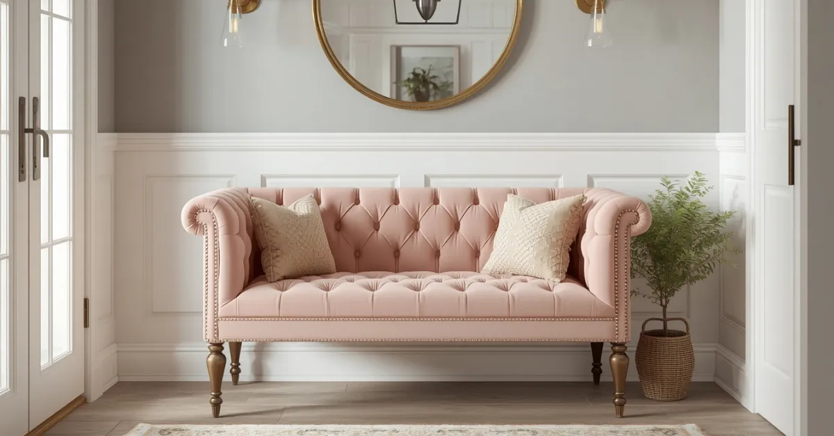 Romantic Blush Pink Bench with Tufted Cushion