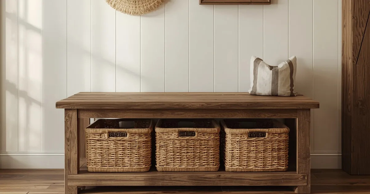 Rustic Wood Bench with Woven Baskets