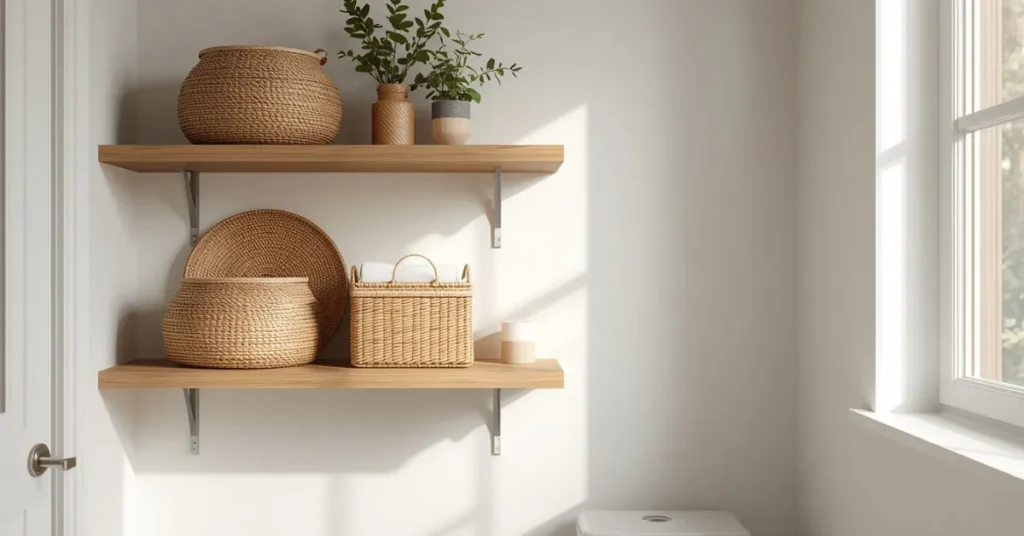 Small Bathroom Storage Baskets on Open Shelves