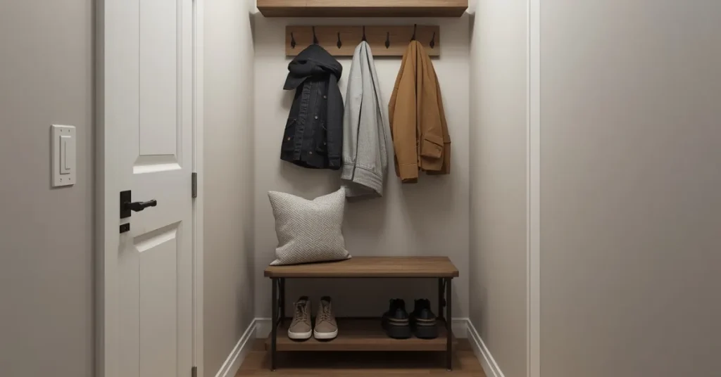 Small Space Entryway Bench with Hooks Above
