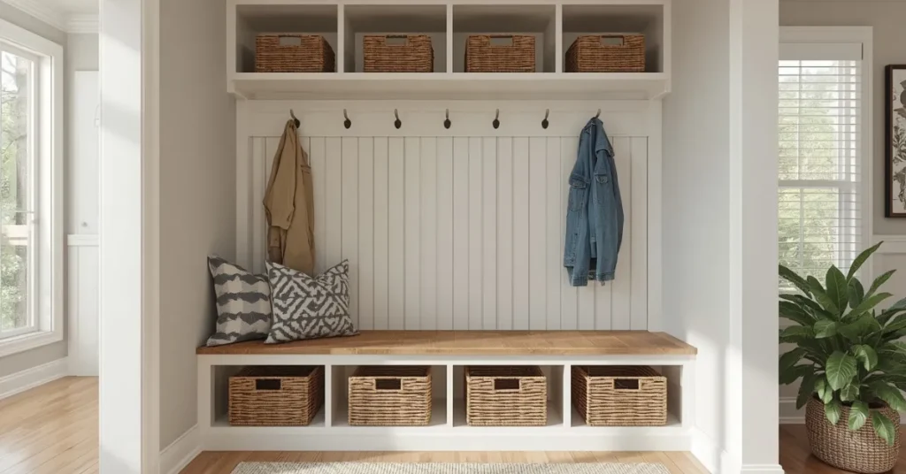 Split Level Entryway With a Built-In Bench Nook