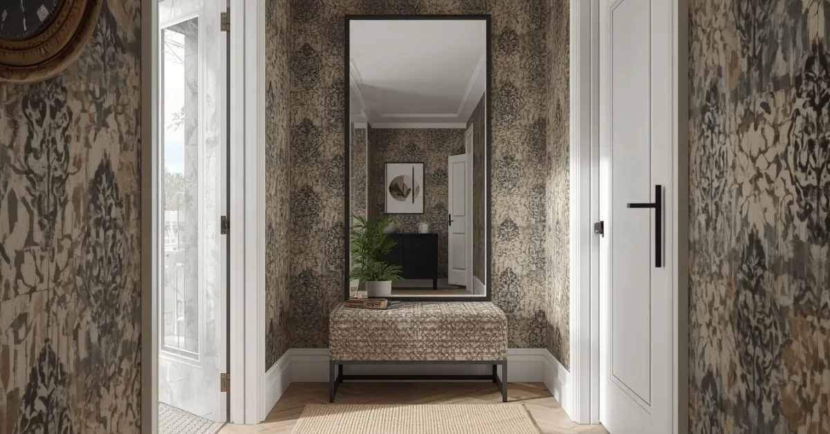 Studio Apartment Entry With Mirror-Backed Wallpaper