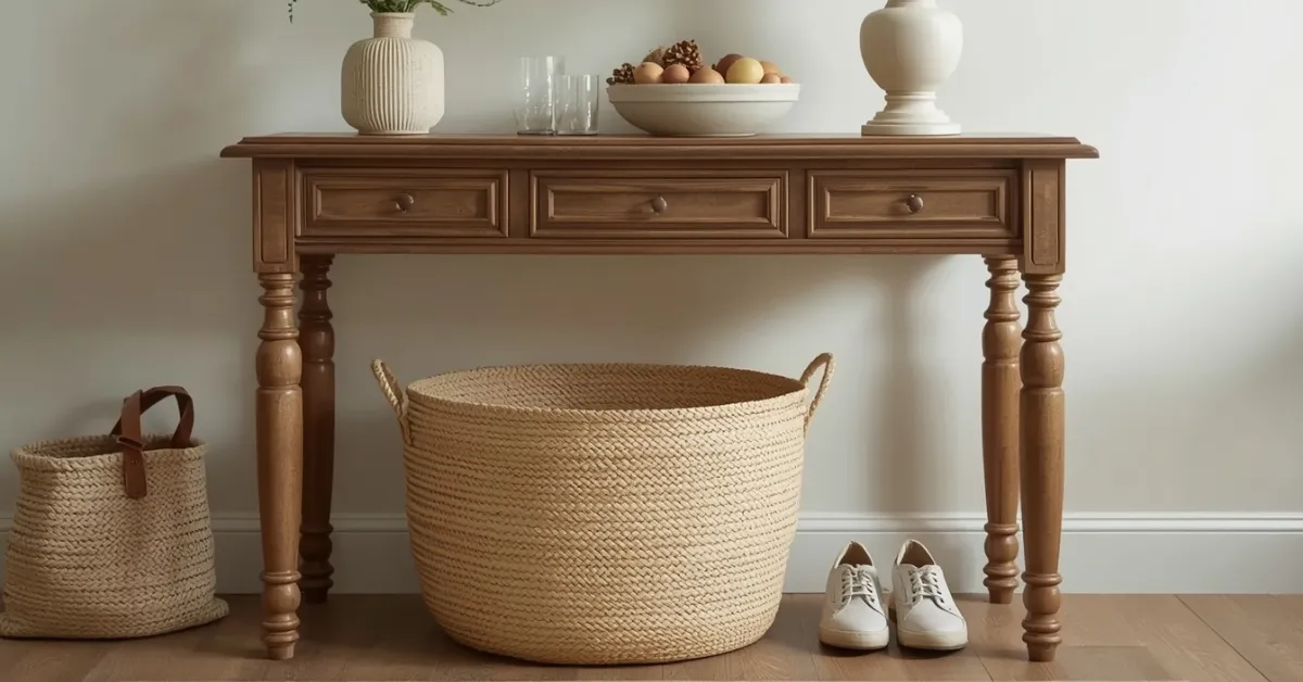 Table with a Woven Basket for Hidden Storage