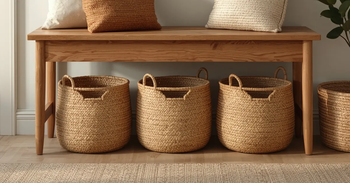 Woven Baskets Under the Bench