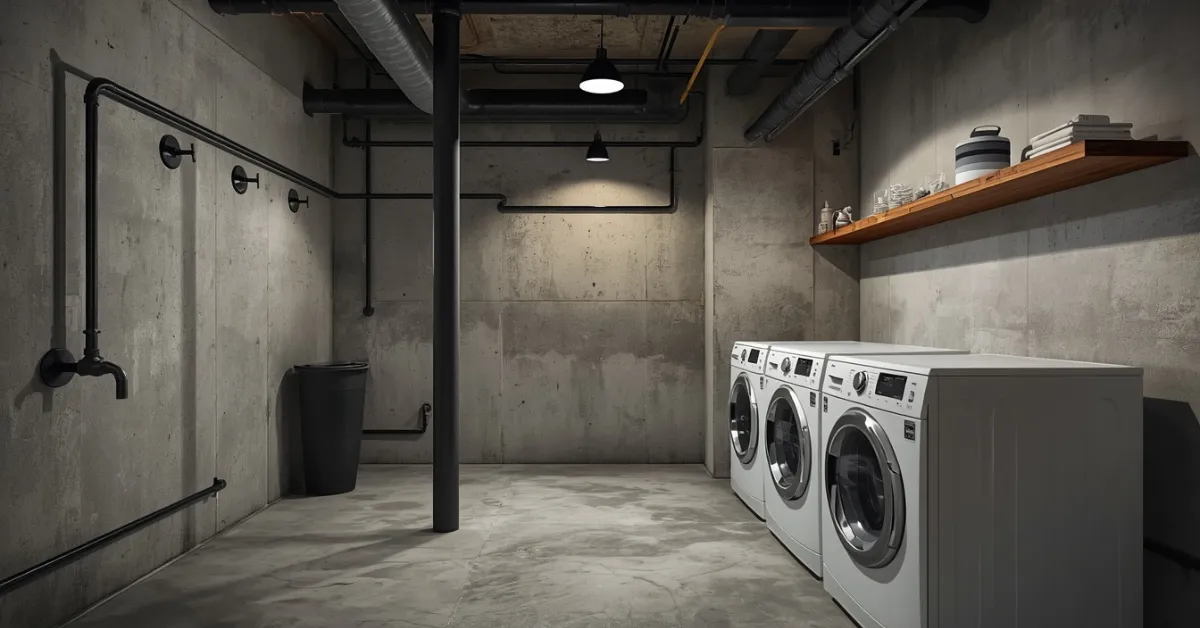 Industrial Laundry Room with Exposed Pipes