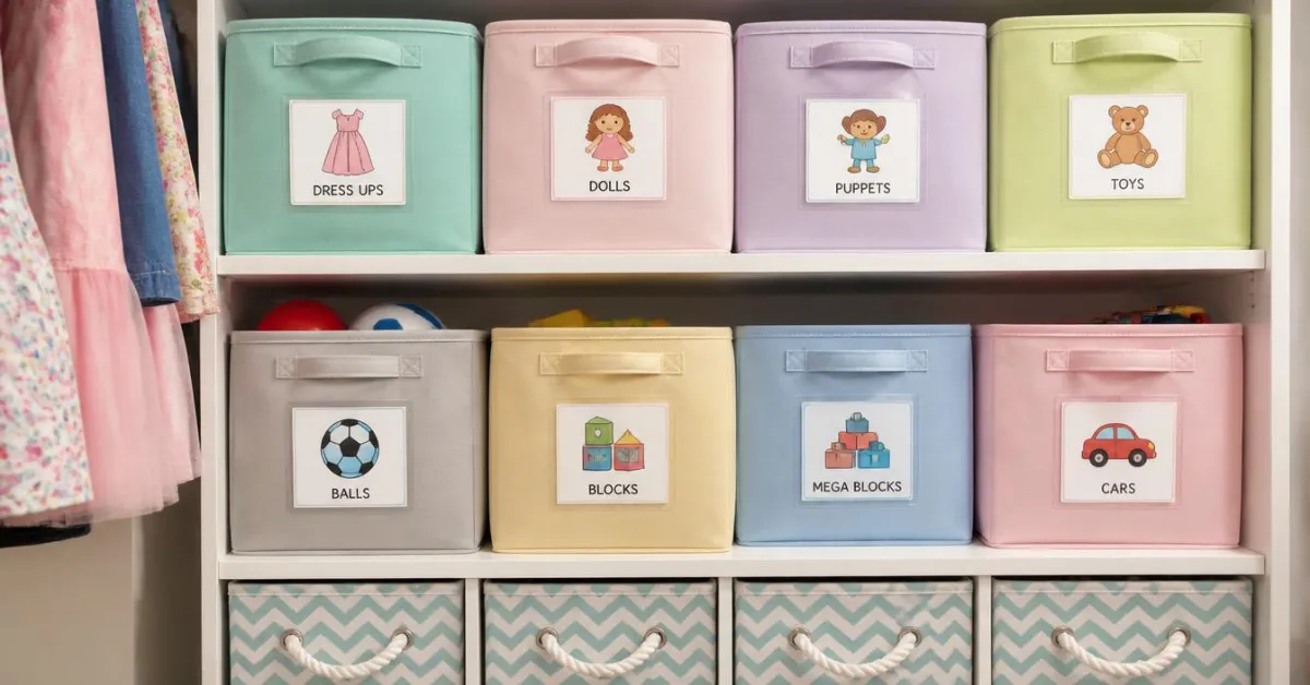 Labeled Fabric Bins for Kids' Closets