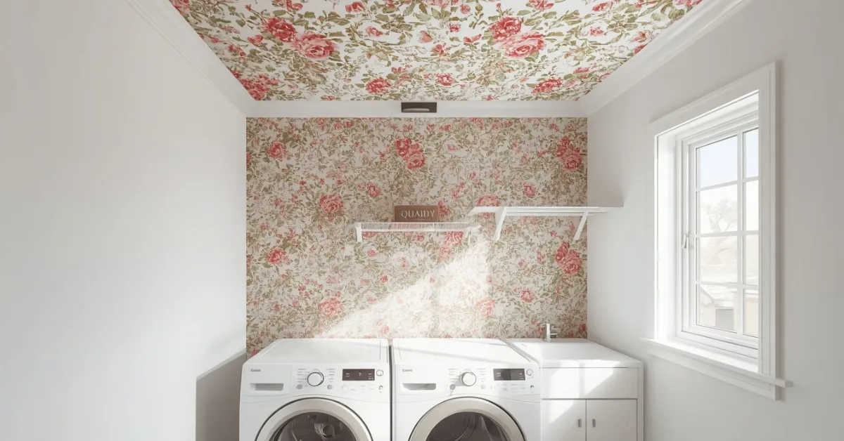 Wallpapered Laundry Room Ceiling